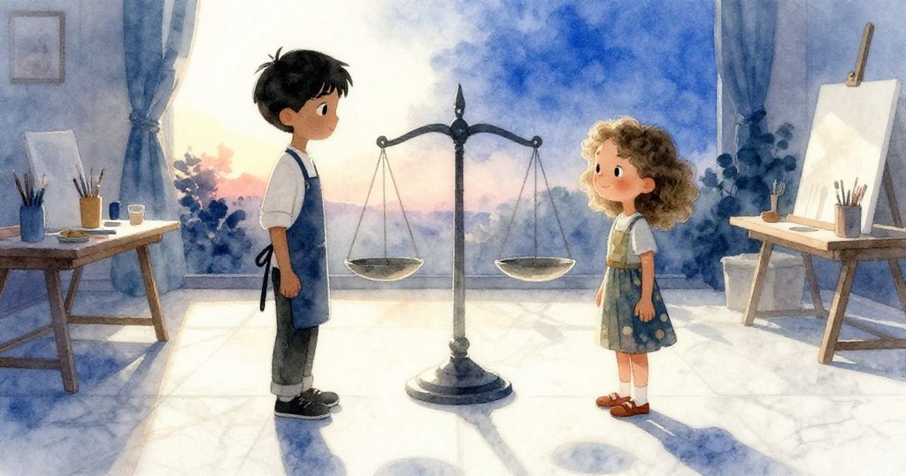 Marco與Sloane站在夕陽映照下的光影天平旁，柔光淡去，象徵正義與意外美好，場景寧靜動人。