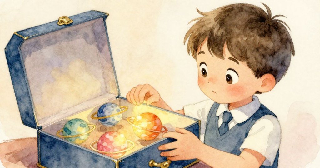 Lucas小心翼翼打開鞋盒，展示彩繪行星，手部動作細緻，背景簡潔而溫暖，象徵創意與夢想的開始。