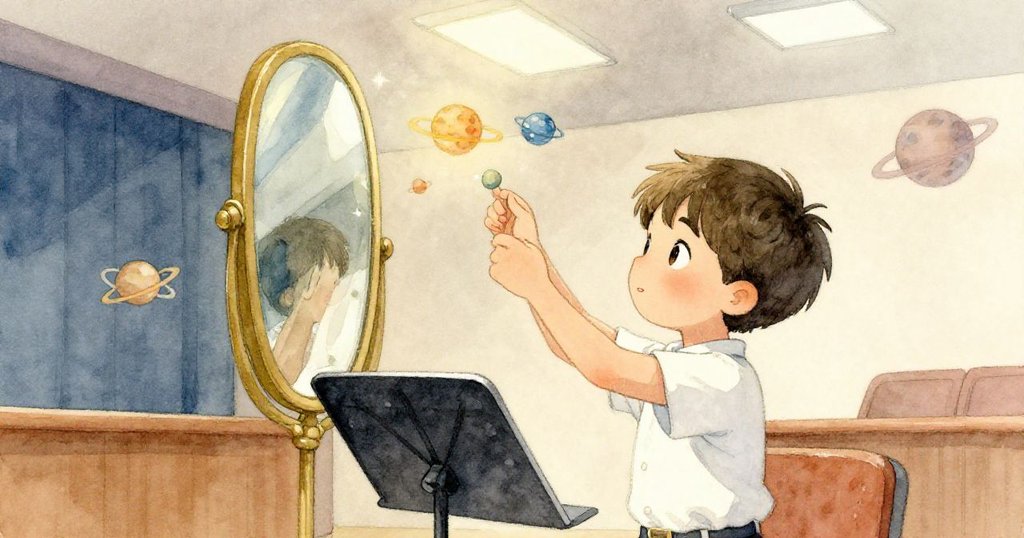 Lucas在禮堂內調整鏡子，將天花板的燈光反射到小行星上，神情集中且充滿驚奇，創造夢幻反射效果。