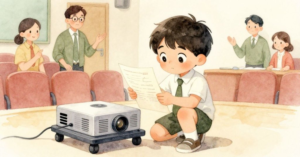 Lucas蹲在投影車旁認真檢查手寫證明，背景教師爭論影影綽綽，氛圍堅定且略帶急迫，尋求解決辦法。