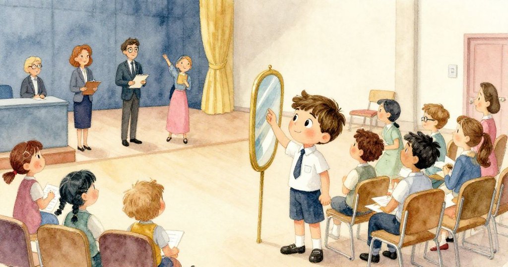 Lucas在禮堂裡調整鏡子，科學委員會與教師熱烈討論椅子擺放，情境生動互動，滿懷期待迎接新奇演示。