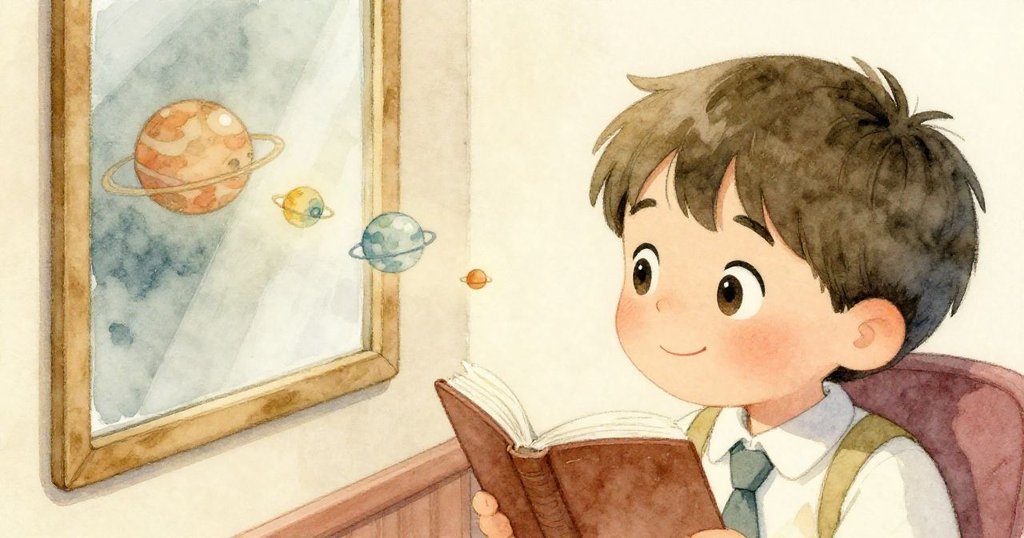 Lucas安坐在禮堂角落，注視鏡中柔光映照下旋轉的彩繪行星，臉上滿足寧靜，展示成功落幕。