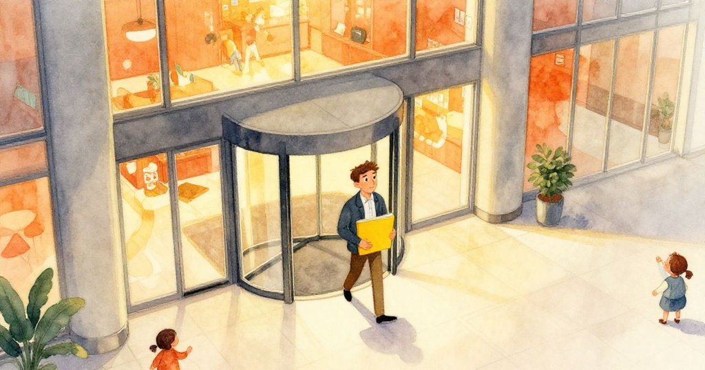 馬賽爾在現代市政大樓入口,旋轉門內充滿活力建築,馬賽爾充滿決心進入,情緒期待與忙碌環境交織。