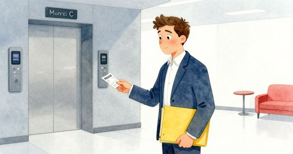 馬賽爾在電梯區接過號碼票,背景留白突出現代感,情緒中透露著平靜與期待。