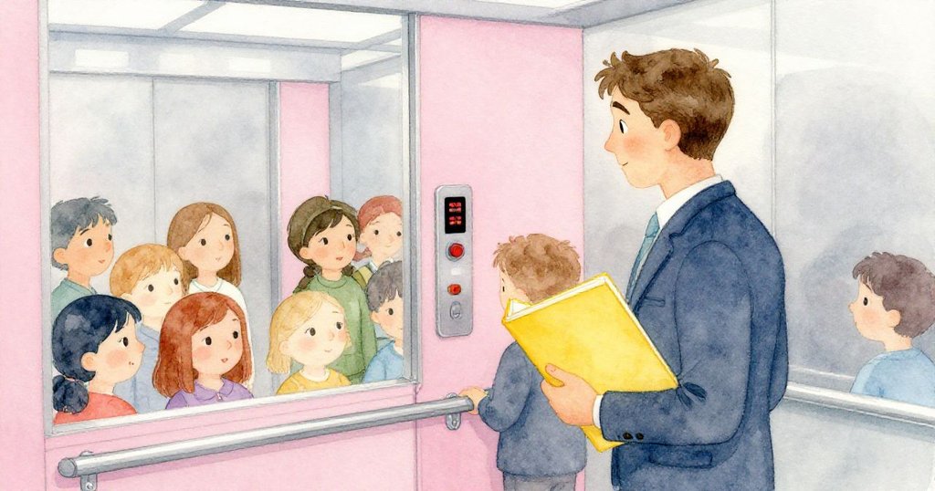 馬賽爾在現代電梯內,觸控面板閃動,乘客互動背景層次豐富,情緒專注且充滿期待。