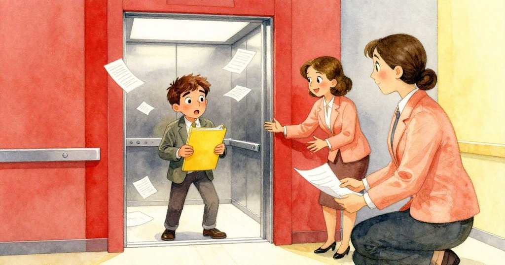 馬賽爾在昏暗維修區,風使文件飛散,桃色外套女子與快遞員搶救紙張,情緒驚訝中展現協作精神。