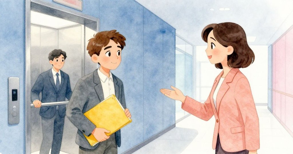 馬賽爾在九樓出口自信離開,與桃色外套女子熱情點頭,走出現代大樓,情緒平和而充滿希望。