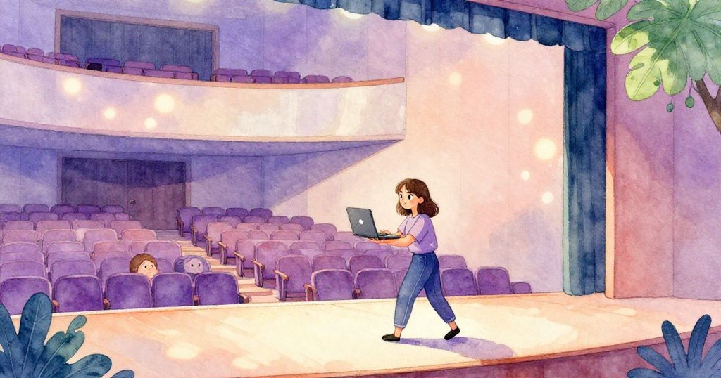 諾拉推著筆記型電腦走向大禮堂舞台，燈光溫暖，背景展現期待與莊重氣氛。