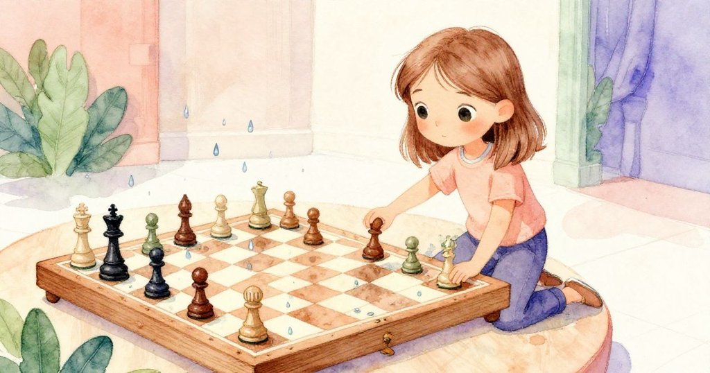 諾拉在舞台上搬出棋盤，專注推動棋子，木質響聲清脆，女王棋子滑落呈現轉折情感。