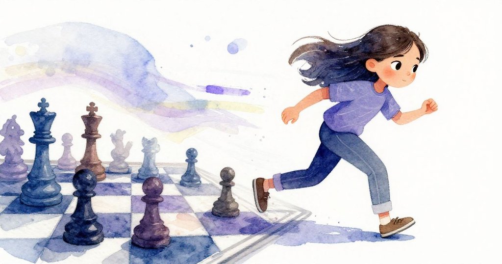 女王棋子動態滑落棋盤，留下彩色光軌，諾拉與觀眾注目，瞬間充滿失落與希望交織情感。