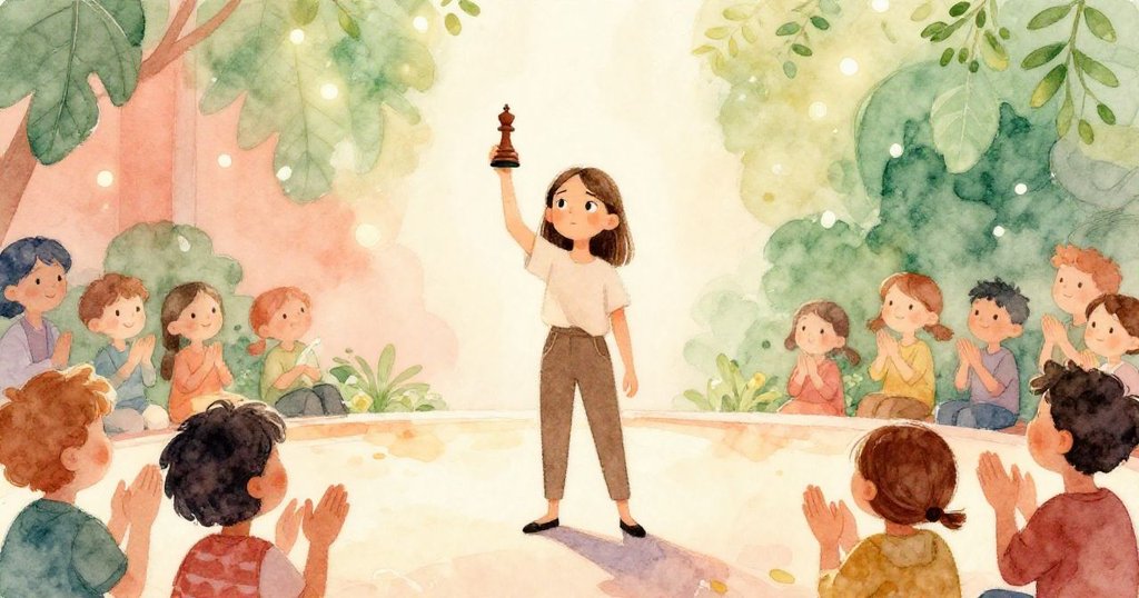 諾拉站在舞台上舉著象徵希望的小兵棋子，彩燈映照，觀眾熱烈鼓掌，畫面充滿勝利與溫暖情感。