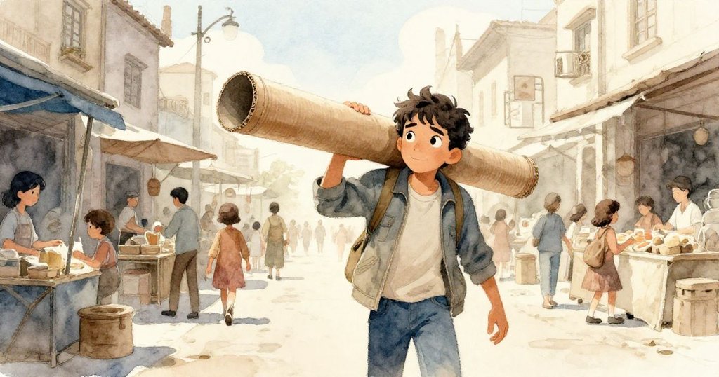 馬特奧在熱鬧河畔市集開始一天，他肩背紙板管，走在溫暖陽光下的老式市場，心中滿懷期待。