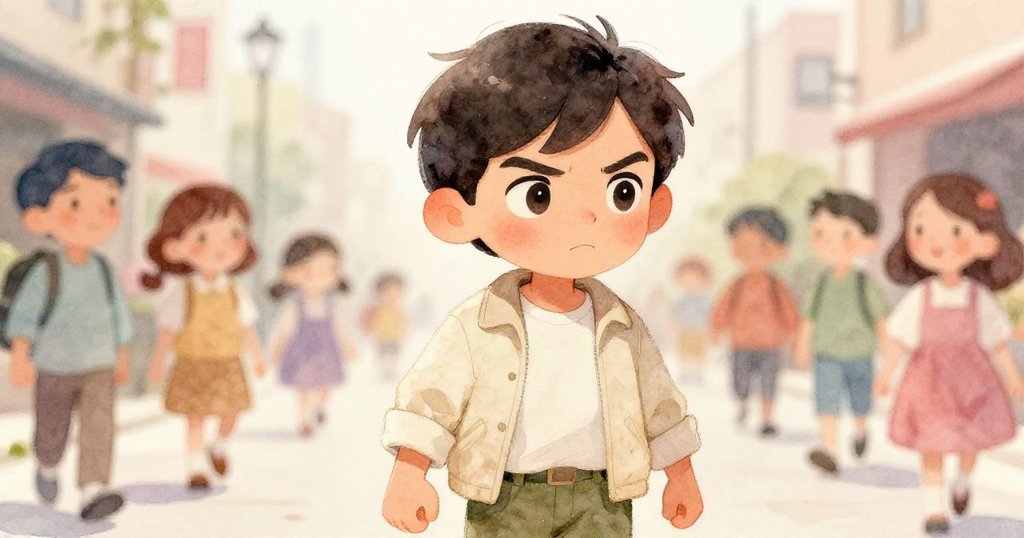 馬特奧面部特寫呈現堅定專注，他穿越人群時臉上流露堅決，背景隱約顯示出市集熱鬧的氛圍。