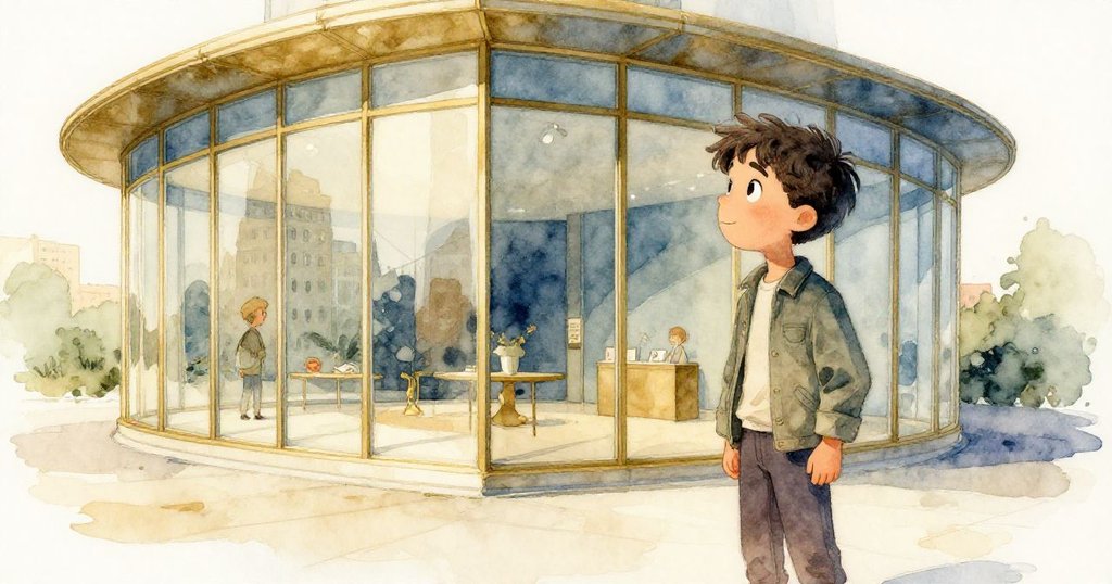 馬特奧充滿希望地望向閃亮玻璃展覽館，玻璃映出城市景象與古典大廳，展現現代與歷史交織的美感。