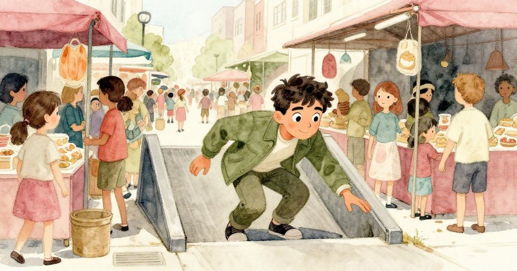 馬特奧穿過擁擠市集，迅速躲進隱蔽的服務坡道，環境從喧鬧轉向寧靜，充滿都市巧遇之感。