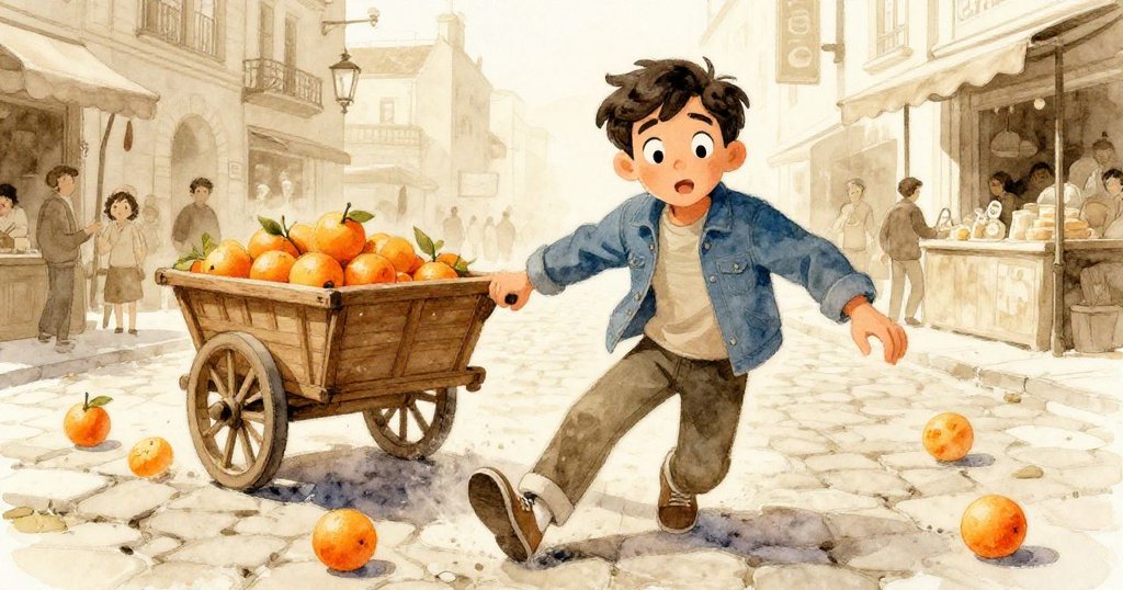 馬特奧因橘子輕觸踝部而猛然滑倒，立即抓住攤販木車，臉上驚訝與迅捷反應顯露無遺，市集中互動熱烈。