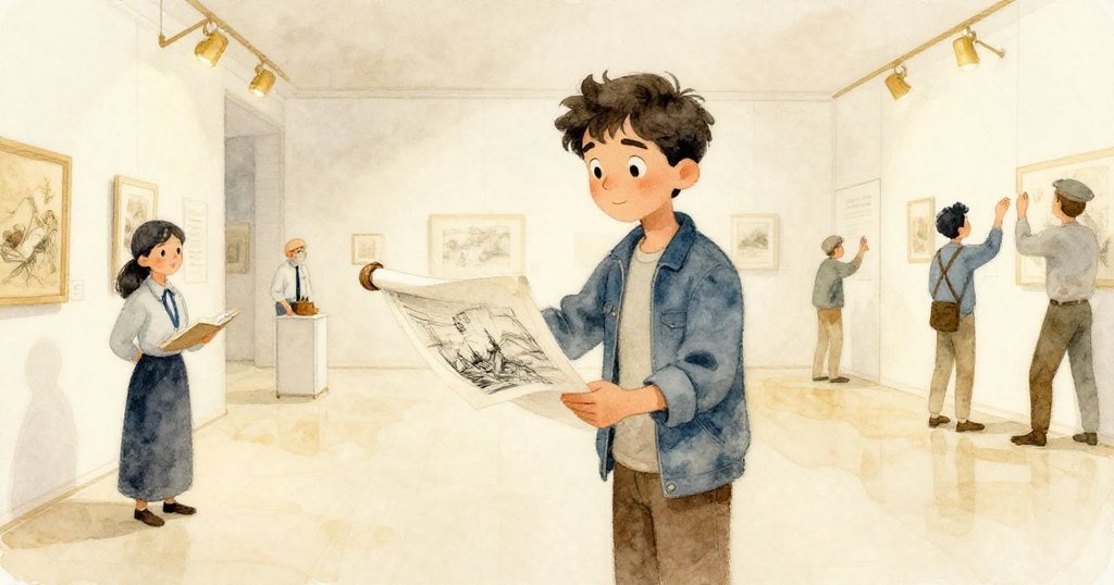 馬特奧在安靜展覽大廳將炭畫捲軸交給櫃檯小姐，技術人員調整燈光，室內氛圍柔和，結局充滿溫暖都市韻味。