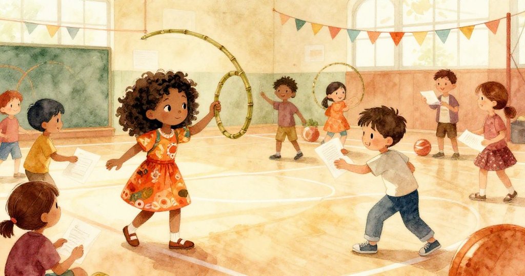 在熱鬧的校園體育館中,Mia平衡著竹圈,Luka整理紙張,孩子們嬉戲,笑容洋溢,充滿節日歡樂氣氛。