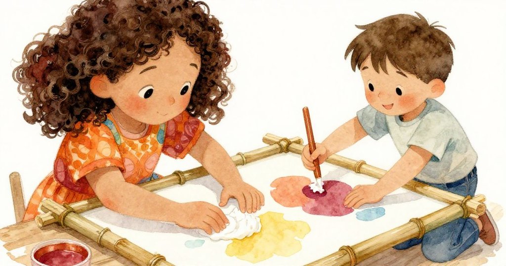 Mia專注地在竹框上塗膠,Luka穩定輔助,特寫展示紙張與膠水細膩質感,充滿溫馨合作氛圍。