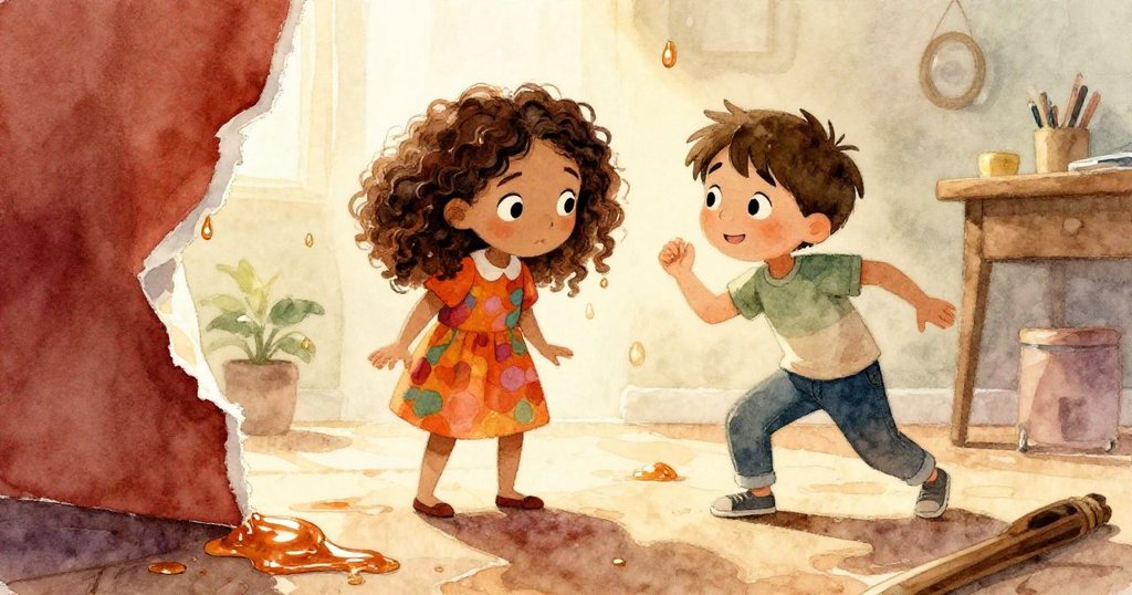 從低角度視角捕捉到紙張撕裂與膠水滴落瞬間,Mia和Luka臉上流露出驚訝與緊張,工作區混亂中蘊含轉機。