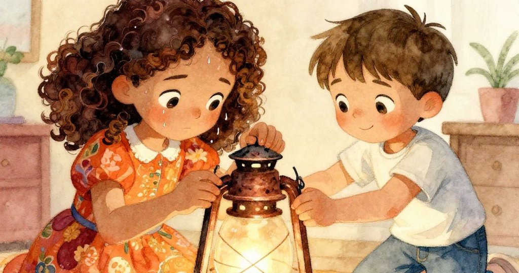 Mia與Luka面部特寫,汗珠閃爍中展現堅定目光,雙手協力調整天燈框架,轉危為機充滿創造力。