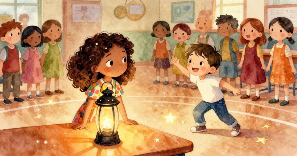 在溫馨體育館內,完成的天燈靜置桌上,光點如星灑滿四周,Mia與Luka滿懷驕傲,觀眾驚喜欣賞,故事延續中。