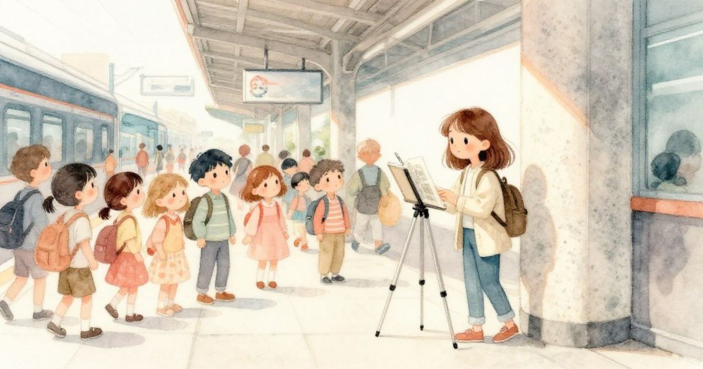 米拉在繁忙的車站中走出人群，靠著花崗岩柱準備安裝三腳架，神情期待，周圍洋溢著溫暖陽光與忙碌氣氛。