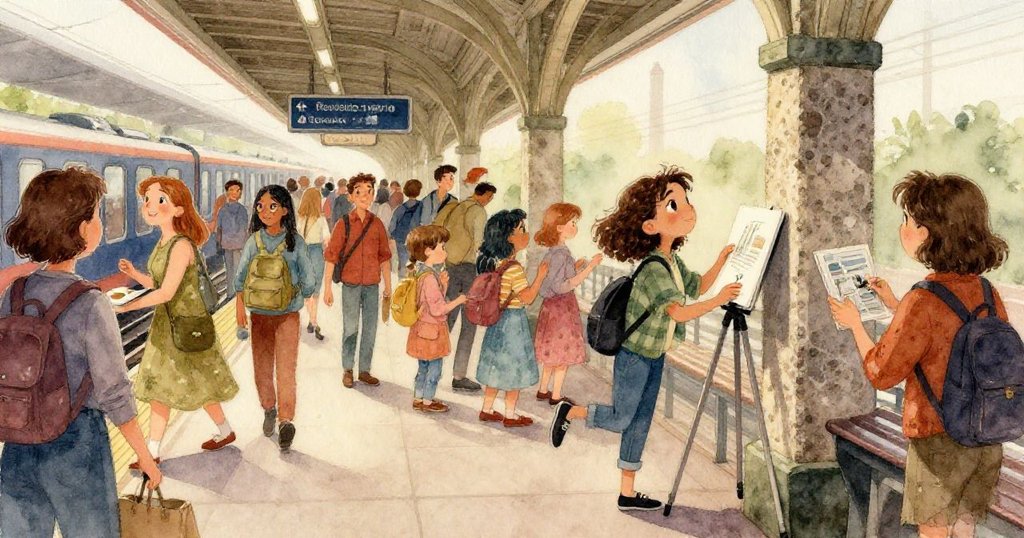 米拉專注調整三腳架的腿，手部細節清晰，旁邊有乘客匆忙走過，整體充滿緊張而溫柔的車站氛圍。