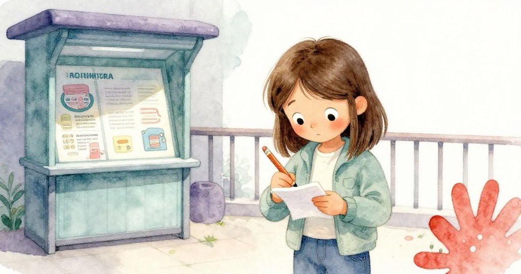 米拉在車站資訊亭旁專心記下拍攝目標，手持鉛筆輕敲筆記本，背景中可見窄陽台剪影，氣氛平和而充滿決心。