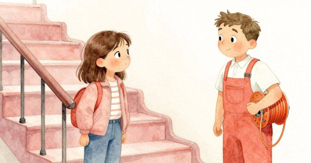 米拉在資訊亭樓梯上與整理橘色電纜捲軸的工作人員進行情感交流，雙方互遞畫框照片，氣氛友好而溫暖。