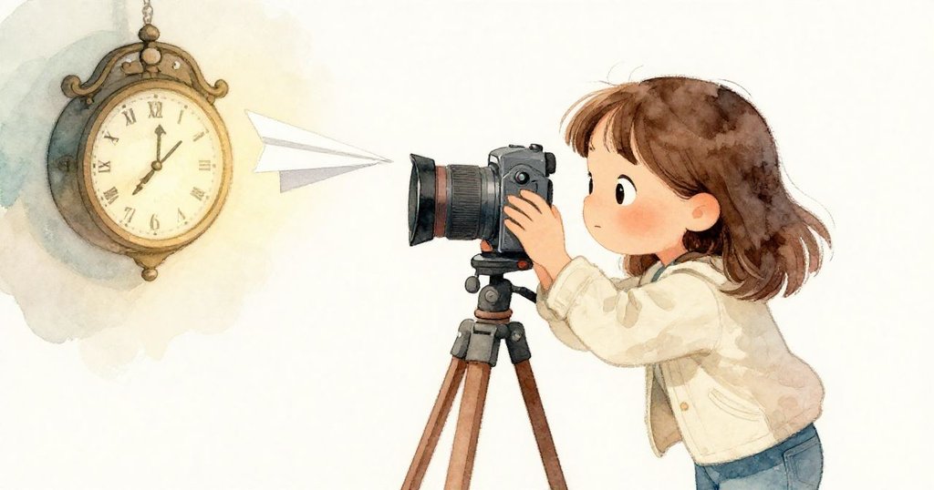 米拉在陽台上按下快門拍攝，臉上專注滿足，旁邊的紙飛機與古老車站鐘在柔光映照下呈現寧靜落幕。