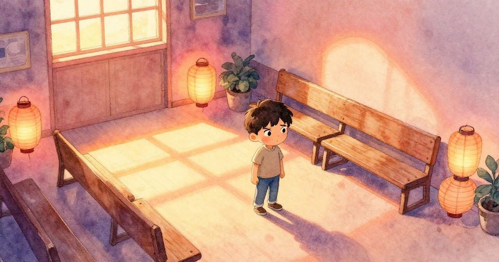 Kai忙碌於社區大廳中移椅,紙燈籠依牆而放,夕陽映照出細緻光影,顯示開始努力佈置場景的情境。