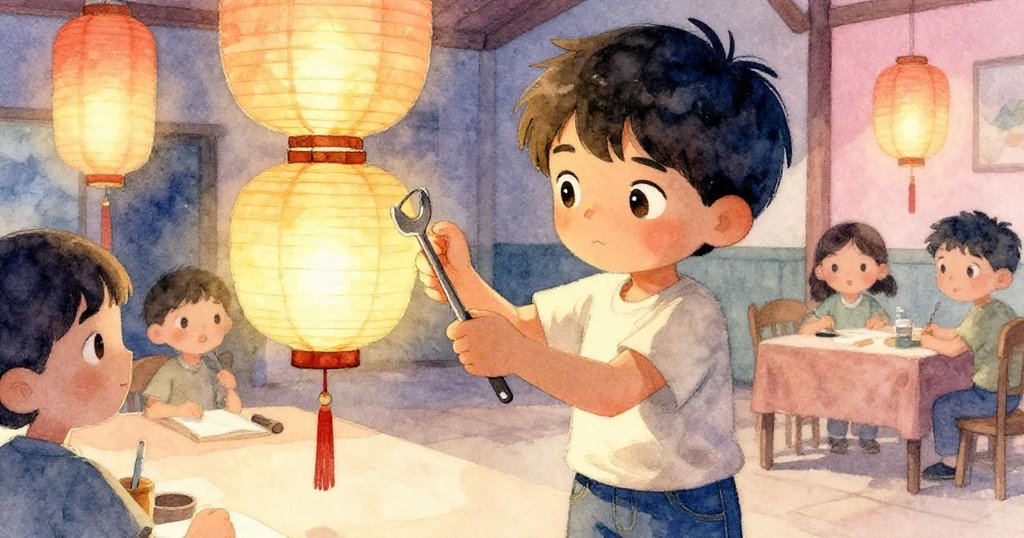 Kai專注凝視紙燈籠,手拿工具調整裝置,眼神流露出堅定與一絲擔心,室內夕陽灑落,情感細膩傳達。