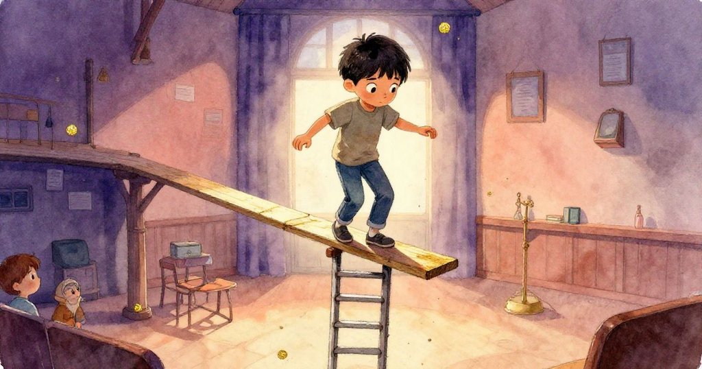 Kai小心在搖晃梯子上爬升,用扭曲視角展現破舊窄板的不穩,表情緊張卻堅決,環境充滿幽默變化。