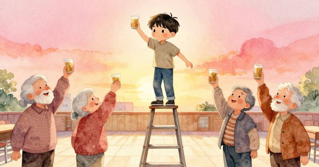 鄰居從入口處舉杯為Kai喝彩,幾何變形中展現溫暖歡樂,Kai奮力操作梯子,場景充滿奇幻又親切的氣氛。