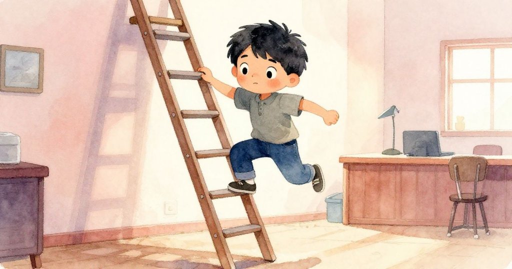 Kai因梯子失衡突然彈起,臉上驚訝與無奈並存,動態場景中紙燈籠隨風輕舞,情感豐富傳遞。