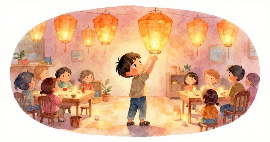 Kai細心拾起並懸掛紙燈籠,點燃每支蠟燭,大廳瀰漫著柔和暖黃光,情感平靜溫馨展現完結。