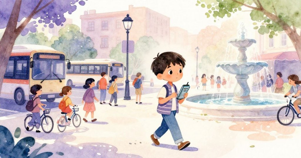 Halim在Maple Crossing熱鬧街頭中穿梭，手持錄音機捕捉街景聲音，背景有公交車、腳踏車和噴泉，表情專注而輕快。