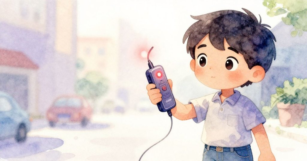 Halim的手緊握錄音機，紅燈閃爍映出細節，微彎電纜展現意外瞬間，背景隱約顯露都市輪廓，情感專注。