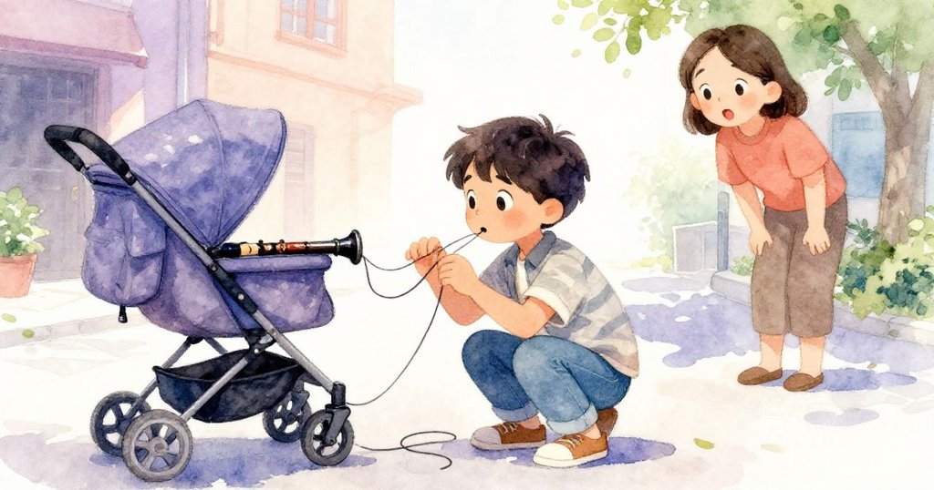 Halim蹲下細解電纜纏繞在嬰兒車輪上，驚訝家長在旁注視，都市街頭場景生動呈現突發狀況。