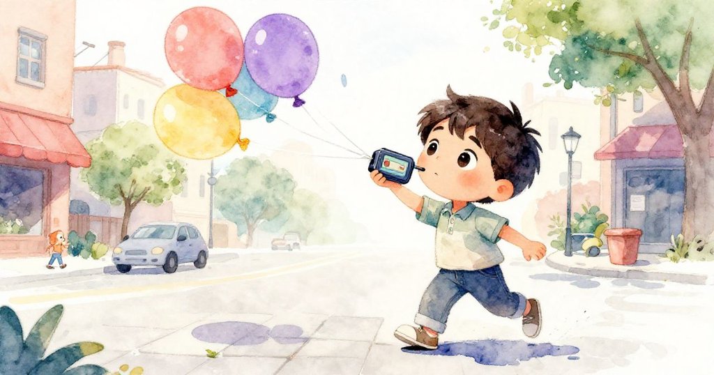 Halim面對狂風吹來的五彩氣球遮眼，錄音機撞擊鵝卵石，表情驚愕與果決在都市街景中巧妙展現。