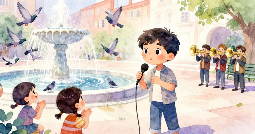 Halim在都市廣場中再次錄音，鴿子自噴泉飛散，孩子喜悅拍手，銅管樂隊暫停，氣氛充滿生機與驚喜。