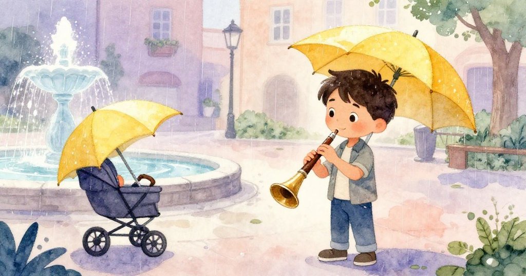 Halim在雨中廣場中放下錄音機，嬰兒車屹立明黃色傘下，噴泉邊雨絲輕拂，整體氛圍寧靜溫柔，心境平和。