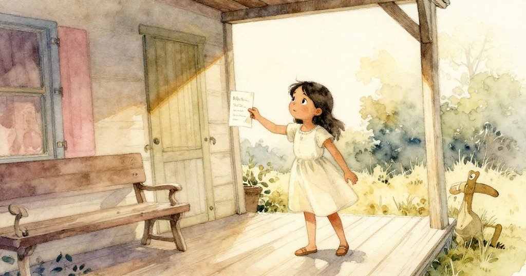 Mira敲打門廊上空的掛鉤，展現堅定與好奇，庭院中夕陽餘暉映照，她開始準備風鈴製作之旅。