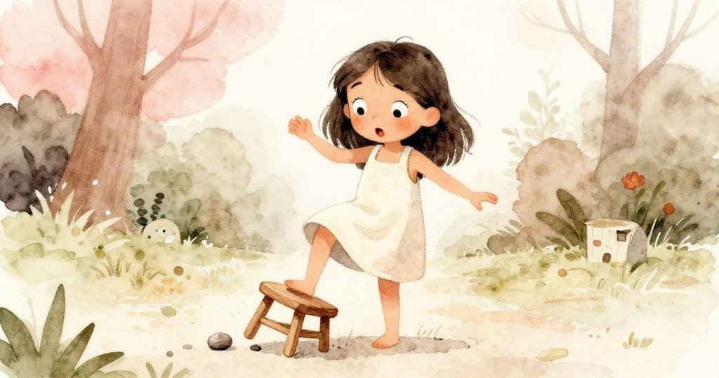 Mira回憶起木凳打滑時的情景，臉上露出驚訝與焦急，花園中鬆散鵝卵石突顯出那段難忘回憶。