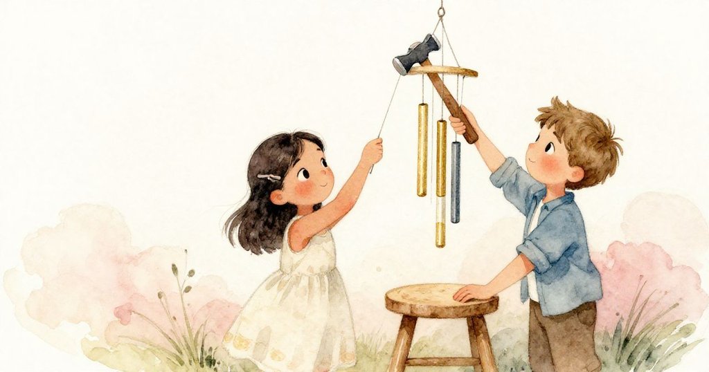 Mira與Jonas協力安裝風鈴，Jonas穩住腳凳，Mira專注敲打，隨風搖動的風鈴展現合作中溫馨與動感。