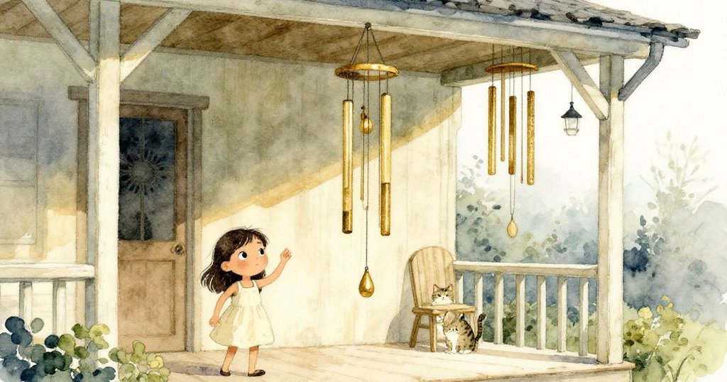 Mira與貓咪見證修好的風鈴輕輕搖曳於門廊上，溫暖柔光中流露出詩意與無限想像的結局。