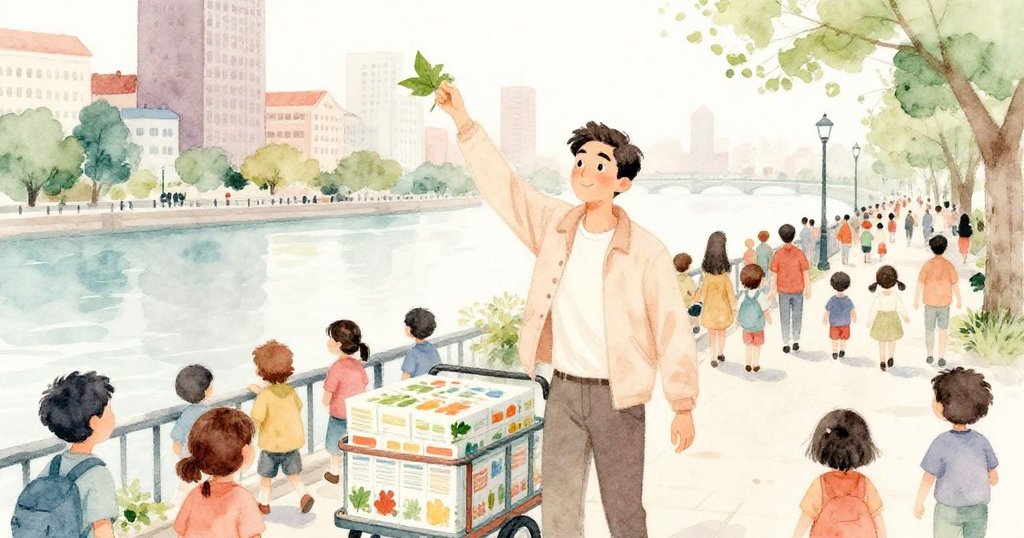 魯本手持彩色傳單穿越擁擠河濱晨景，背景有記者與自行車，陽光明媚，充滿期待與活力。