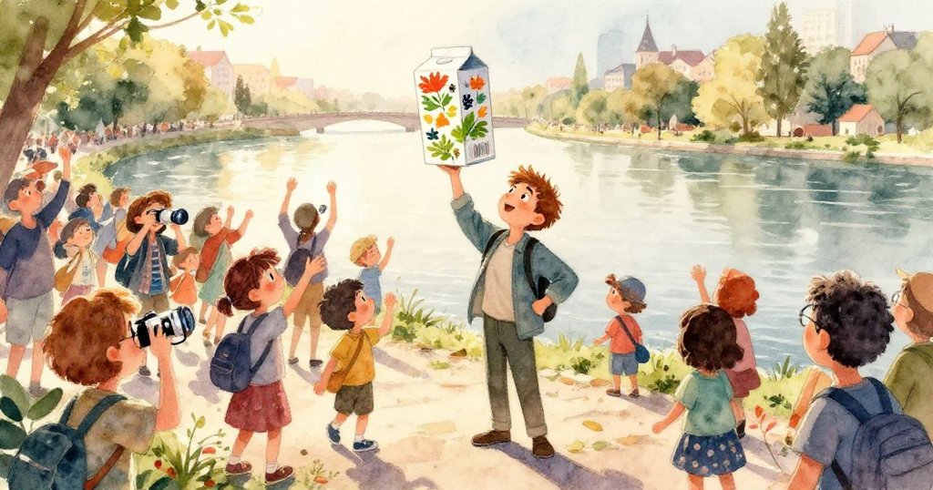 魯本伸手調整即將滑落的傳單，手部細節豐富，傳單上孩童種豆圖案清晰，透露專注與微微憂慮。