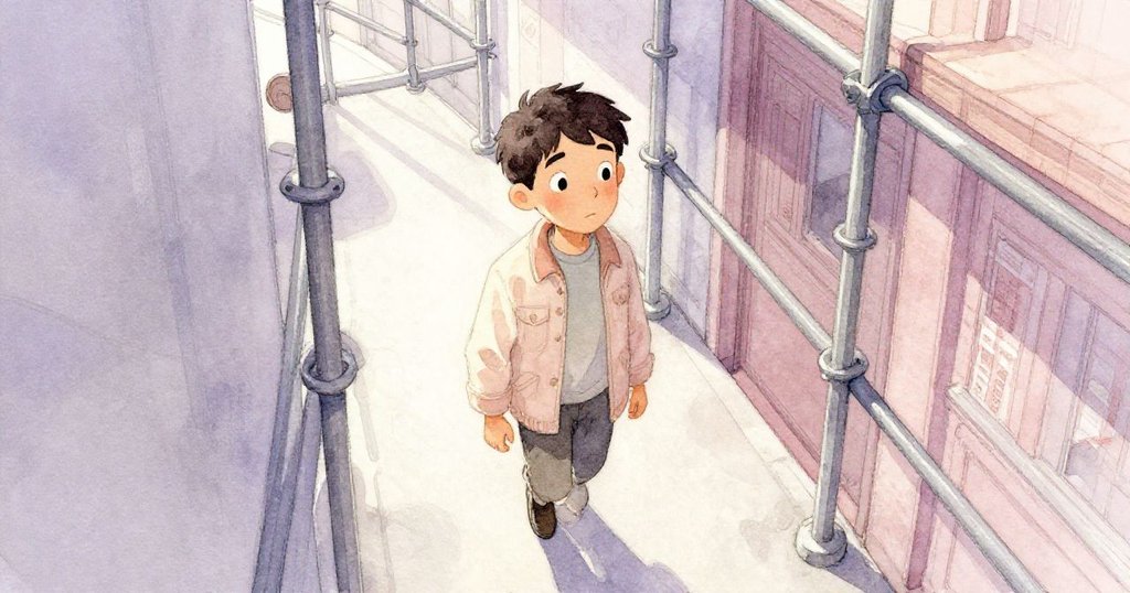 從上方俯視，魯本在金屬支架夾雜的走廊中跋涉，燈光柔和，表情堅定且略顯孤單。